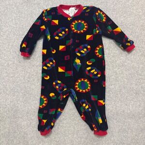 Vintage 90s 18M Geometric Velour Romper Snap Up Footless One Piece Colorful